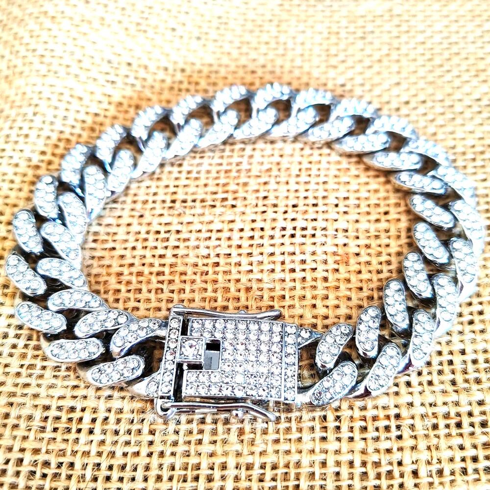 GORGEOUS RHINESTONE SILVERTONE CHUNKY MIAMI CUBAN LINK BRACELET